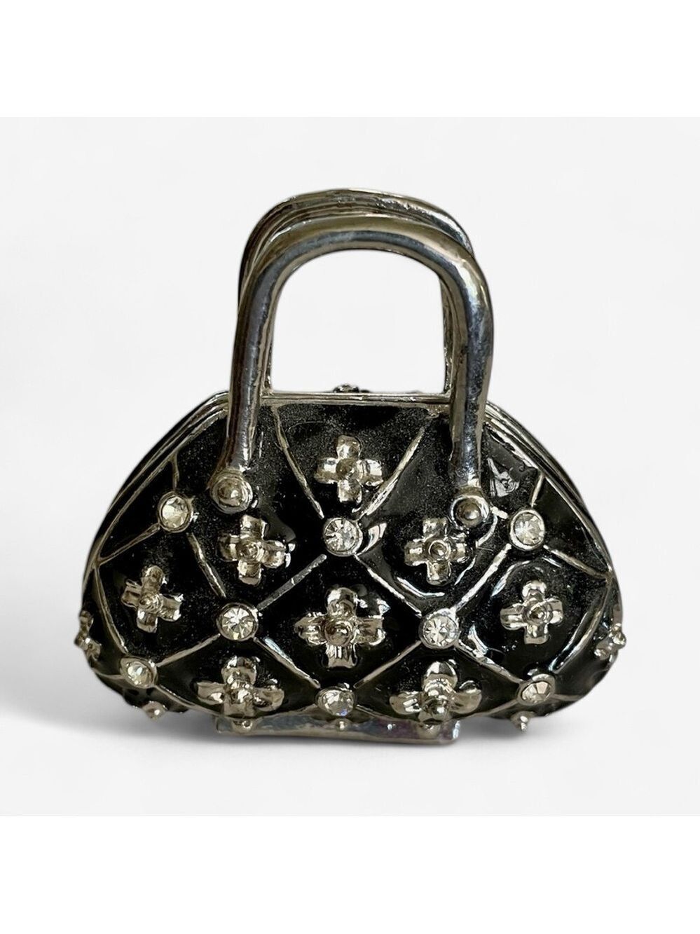 Trinket Box, Miniature Black Purse with Silver Handle, Intricate Embellishments.